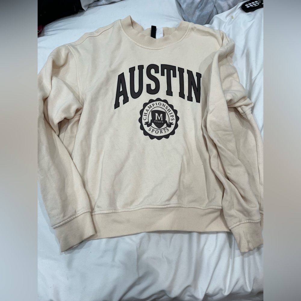 Divided Cream Crewneck Sweater with Black Print
